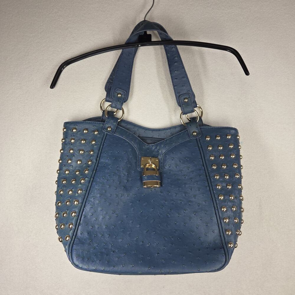 Vtg Expressions NYC Bag Purse Womens Blue Faux Ostrich Tote Hobo 2000s y2k - Picture 7 of 14